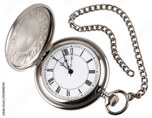 Obraz  Open Antique Silver Pocket Watch with Visible Clock Face and Chain, isolated on transparent background PNG