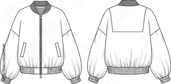 Fototapeta Bomber jacket technical sketch, fashion flat drawing, vector apparel template, front and back view, unisex outerwear design, CAD illustration for fashion designers