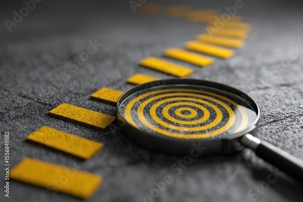 Fototapeta Magnifying glass focusing yellow and black target over steps of success path, concept for goal achievement or development plan