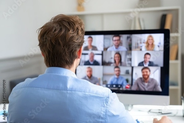 Fototapeta Office worker attending online meeting with business team using video conference software on computer