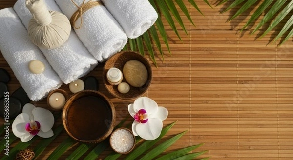 Fototapeta Zen spa setting with towels flowers and stones