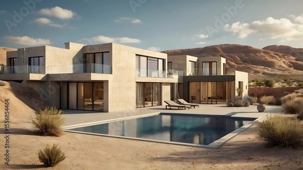 Fototapeta Contemporary terrace houses in desert landscape, flat roofs, sand textures, 3D rendering
