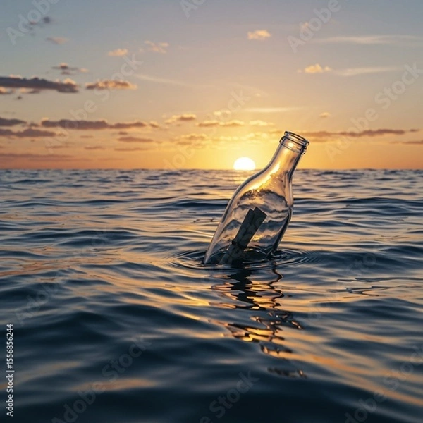 Fototapeta Message in a Bottle: Drifting Through a Sunset Sea