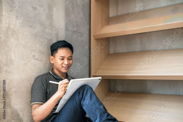 Fototapeta Man smiling while using a stylus and tablet, surrounded by books, portraying productivity and focus.