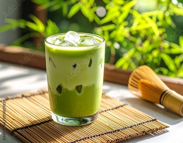 Obraz 爽やかな夏の午後、冷たい抹茶ラテで一息