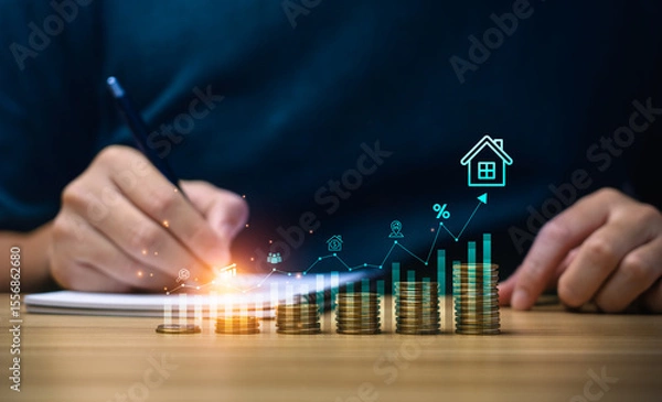 Obraz Real estate investment growth, financial planning strategy. Stacked coins with rising bar graph, property icons. Businessman analyzes housing market trends, ROI, percentage increase in property value