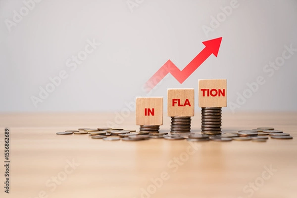 Obraz Inflation concept with rising red arrow and stacked coins under wooden blocks spelling INFLATION, symbolizing economic pressure, financial impact, cost increase, and monetary devaluation