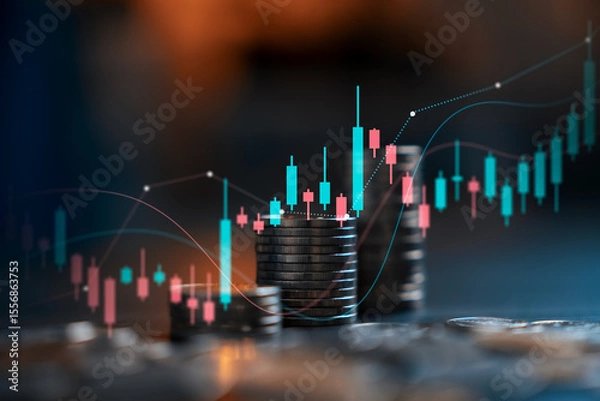 Fototapeta financial growth and investment analysis. Coin stacks with candlestick chart and stock trading graph, representing market trend, digital asset investment, and financial success.