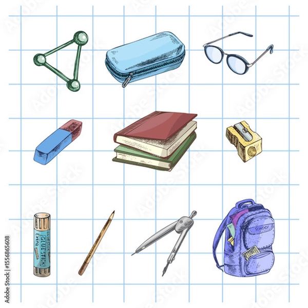 Fototapeta Hand drawn vintage sketch of colorful school supplies set on grid paper background, isolated vector illustration