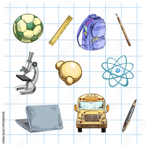 Fototapeta Hand drawn vintage sketch of colorful school items collection on grid paper background, isolated vector illustration