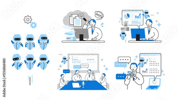 Obraz Concept: Illustrating how diverse people integrate AI into daily routines with trust and ease. Cartoon character heads of People interacting with AI in everyday life situations.