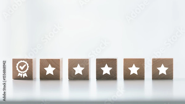 Fototapeta Customer showing rating with happy icon, Customer satisfaction survey concept, Positive feedback from happy client satisfaction with quality of service, marketing surveys, ratings, review, copy space