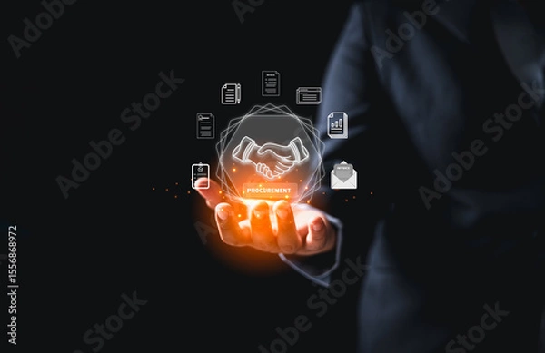 Fototapeta Modern procurement, smart digital interface featuring handshake icon symbol agreement businessmen, streamlining contract document workflow integrated business solutions advanced supply chain systems.