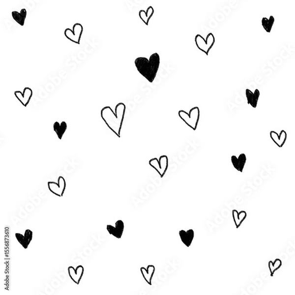 Fototapeta A minimalist black and white hand-drawn heart pattern on a white background. The image features scattered heart shapes in varying sizes, some filled with black and others 