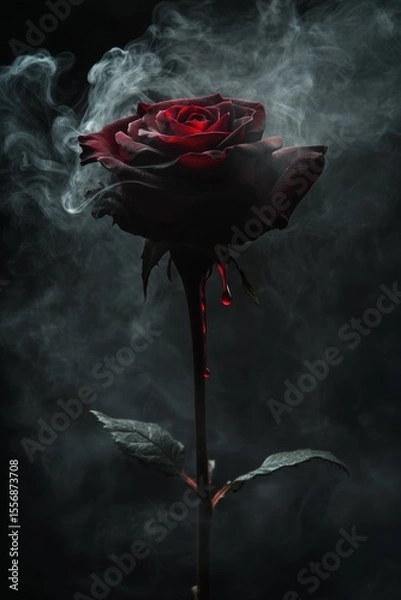 Fototapeta Dark red flower with dripping substance, surrounded by gray smoke against a black background. Moody and dramatic lighting enhances the mysterious atmosphere.