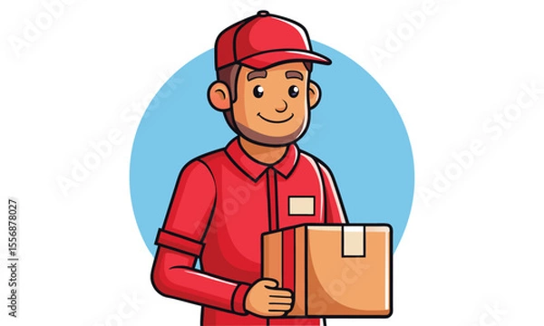 Fototapeta Friendly cartoon delivery man wearing a red uniform and cap holding a cardboard package with a smile representing shipping and logistics services