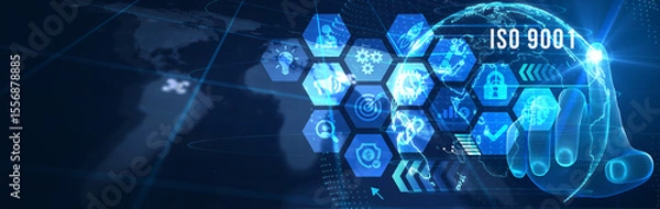 Fototapeta Business, technology, internet and network concept. Virtual screen of the future with the inscription: ISO 9001. 3d illustration