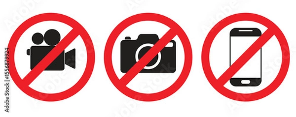 Fototapeta No photography video prohibited forbidden area sign, No photo no video recording set silhouette icon, camera icon, No recording or taking pictures sign, Prohibiting the use of cameras or phones