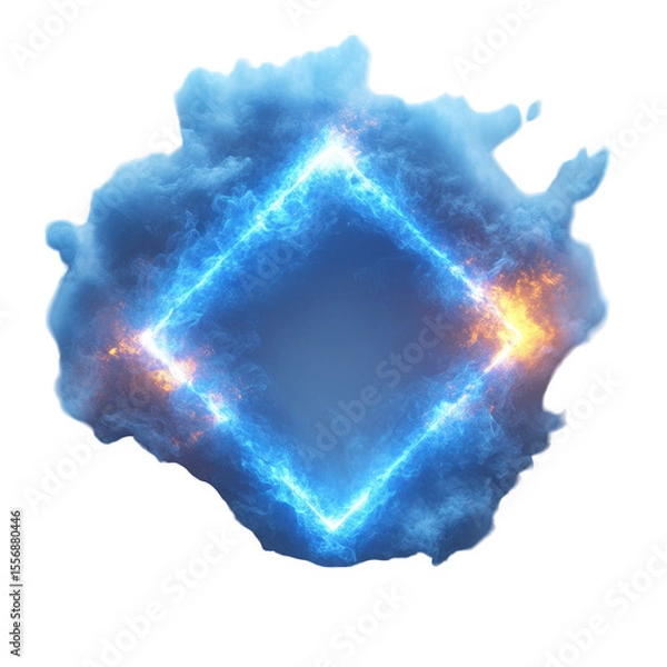 Fototapeta Abstract glowing diamond shape formed by blue energy and fire sparks surrounded by ethereal smoke isolated on transparent background