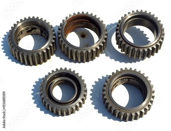 Obraz Five used metal gears on white background