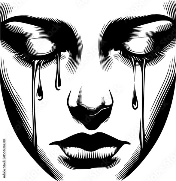 Fototapeta Minimalist close-up vector of a face with tears and closed eyes, emotional and clean style.