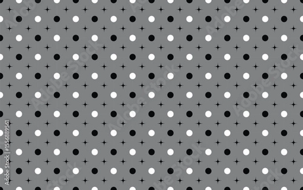 Fototapeta Retro-inspired dot pattern featuring monochrome polka dots with subtle sparkling star elements on a muted gray backdrop