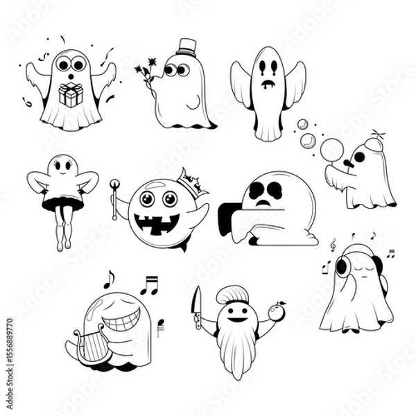 Obraz Set Abstract Collection Doodle Black Line Happy Halloween Greeting Ghost Spirit Tongue Out Background. Vector Design Banner Party Invitation Template