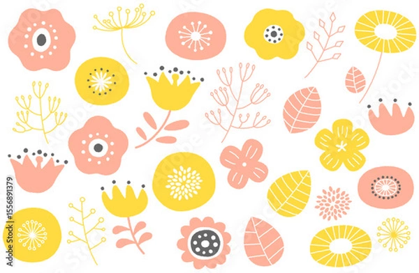 Obraz 北欧風ボタニカルあしらいベクターイラスト ピンク×黄色