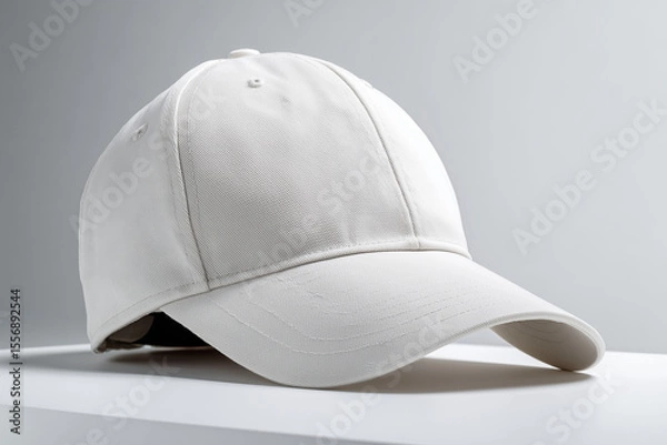 Fototapeta Plain white baseball cap placed on a neutral background with large empty copy space