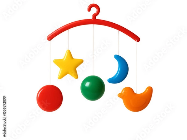 Fototapeta 3D Colorful Baby Mobile Toy with Stars, Moon, Circles, and Bird – Isolated on Transparent Background