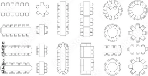 Fototapeta  Top view dining table layouts, modern furniture arrangement, vector chair designs, architectural plan symbols, interior floor plan furniture set

flat vector illustration