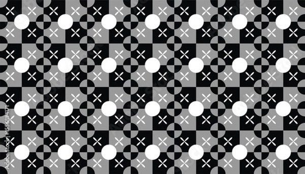 Fototapeta Minimalist black and white geometric pattern featuring repeated circles, X symbols, and squares in a checkered layout. A modern and structured seamless design ideal for design