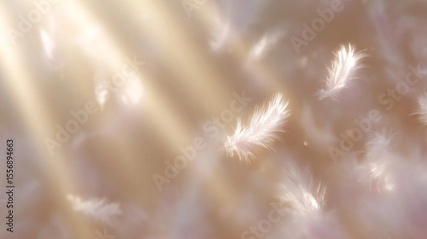 Fototapeta 効果背景 柔らかな光と白い羽根が降り注ぐ幻想的なイメージ
