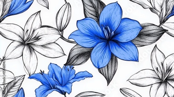 Fototapeta Vibrant blue and white floral pattern on a crisp white background.