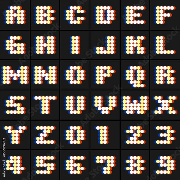 Obraz Bold dot alphabet and numbers in vibrant color scheme. Modern vector font design using colorful 3D-style circles on black background. Perfect for games, kids, posters, and digital projects.