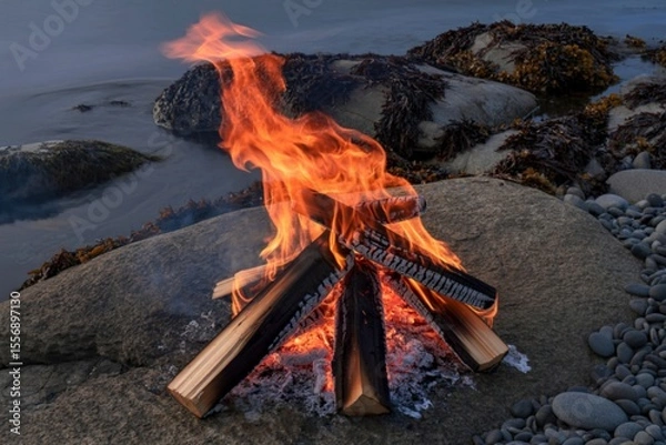 Obraz Coastal bonfire on rocky shoreline at dusk