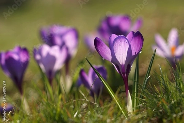 Obraz Dew kissed crocus blossoms in spring meadow