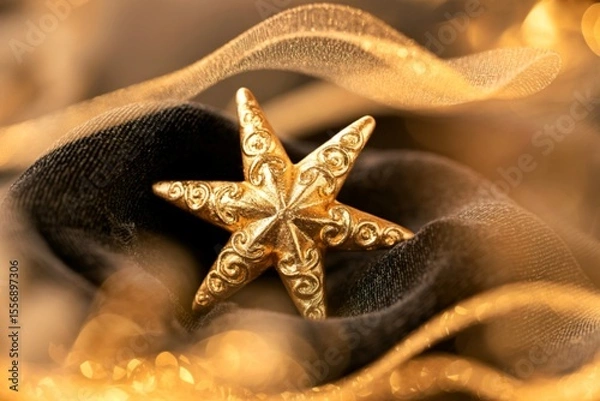 Fototapeta Gold star ornament on black fabric with gold accents