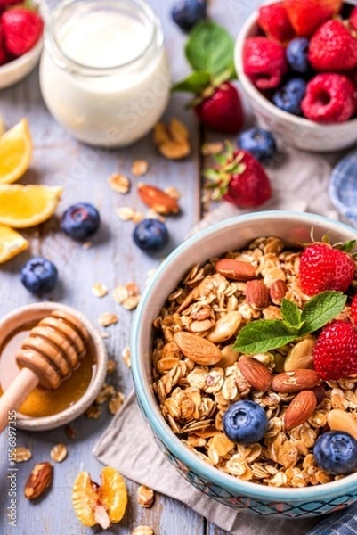 Obraz Honey glazed oatmeal, nut and flax seeds granola in a ceramic bowl with honey