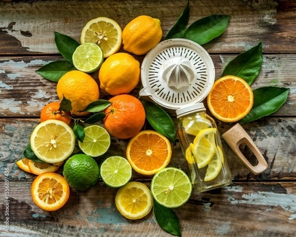 Obraz Mixed fresh citrus fruits and orange leaves background