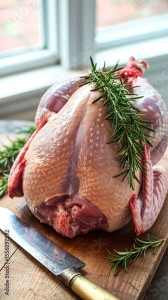 Obraz Raw whole chicken with rosemary on wooden board