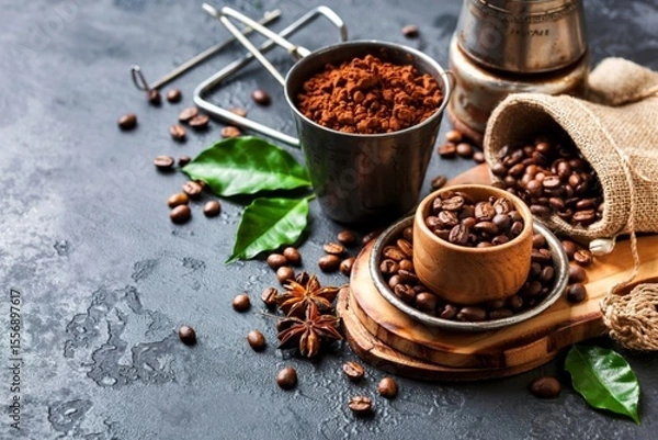 Obraz Roasted coffee beans with coffee powder and flavourful ingredients for make tasty coffee