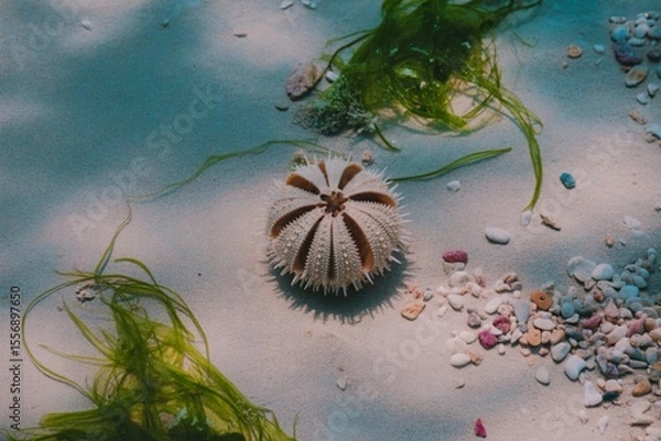 Obraz Sea urchin on sandy ocean floor with seaweed
