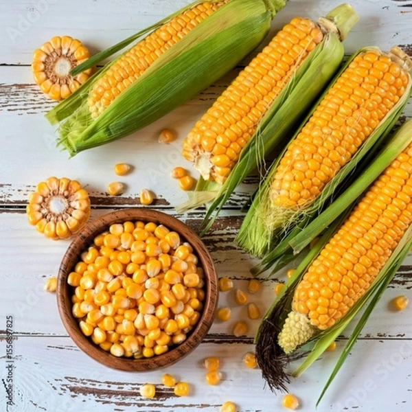 Obraz top view of corn cobs with corn pop cereals and corn seeds on wooden background