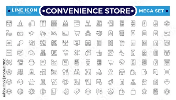 Fototapeta Convenience Store Outline Icon Set. Online payment, discount, buy, shopping cart, delivery, credit card, customer service. Editable stroke outline icon.

