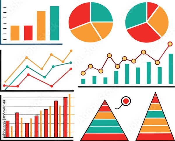 Fototapeta A collection of colorful and diverse data visualization charts including bar graphs pie charts line graphs and pyramid charts representing business analytics and financial reporting