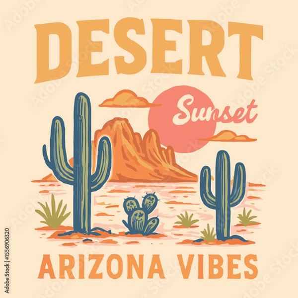 Fototapeta Retro desert sunset vector art, hand-drawn cactus mountain graphic, vintage southwest scenery, feel the desert vibes print