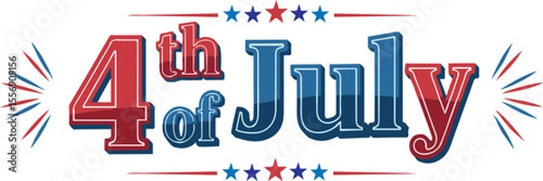 Fototapeta A bold and patriotic "4th of July" graphic featuring prominent red and blue text with a dimensional effect, accented by decorative star bursts and horizontal lines, all on a white background.