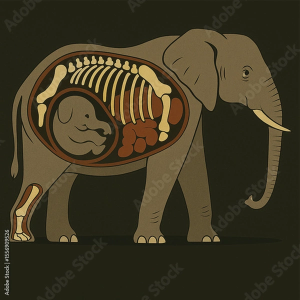 Obraz Illustration of Pregnant Elephant with Fetus and Skeleton Anatomy Cutaway View