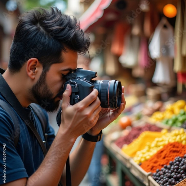 Fototapeta A young Hispanic man practicing photography with a DSLR camera in a vibrant street market. He is capturing the colorful stalls filled with fruits, spices, and handmade crafts. The lighting is bright a